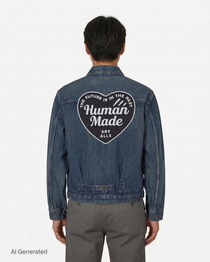 Human Made washed indigo denim work jacket with pleated front, button closure and heart-shaped logo patch on the chest - back