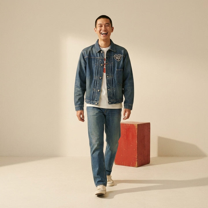 Human Made washed indigo denim work jacket with pleated front, button closure and heart-shaped logo patch on the chest - lifestyle