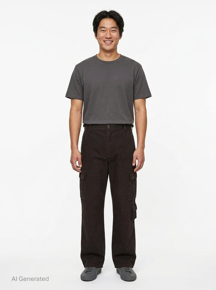 Human Made multi-pocket cargo pants in dark espresso brown, featuring a wide-leg silhouette, buckle waistband, and multiple buttoned utility cargo pockets - front