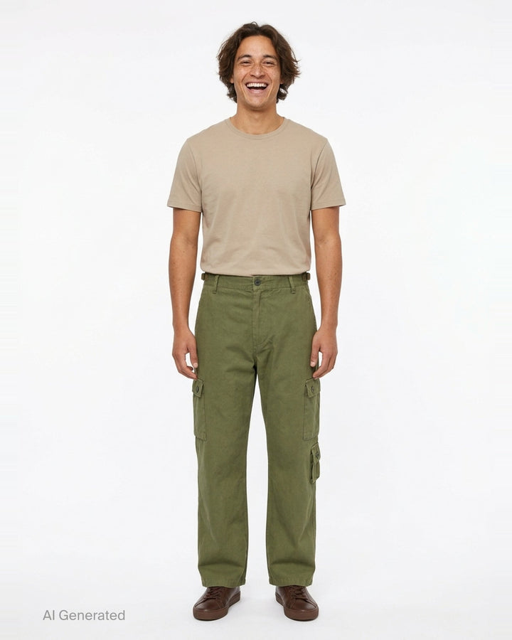 Human Made multi-pocket cargo pants in dark espresso brown, featuring a wide-leg silhouette, buckle waistband, and multiple buttoned utility cargo pockets - front