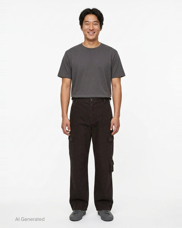Human Made multi-pocket cargo pants in dark espresso brown, featuring a wide-leg silhouette, buckle waistband, and multiple buttoned utility cargo pockets - front