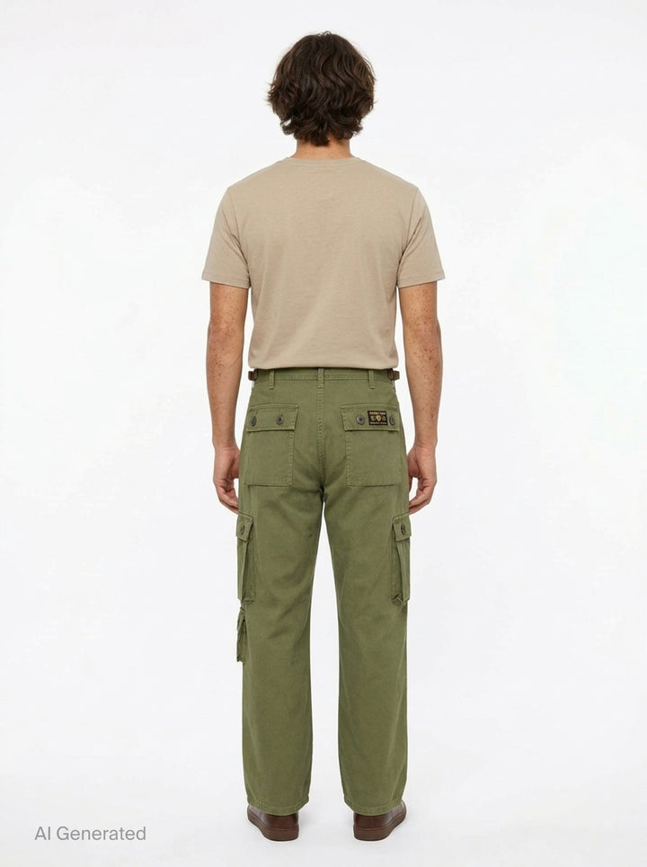 Human Made multi-pocket cargo pants in dark espresso brown, featuring a wide-leg silhouette, buckle waistband, and multiple buttoned utility cargo pockets - back