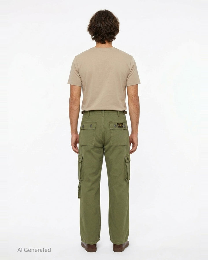 Human Made multi-pocket cargo pants in dark espresso brown, featuring a wide-leg silhouette, buckle waistband, and multiple buttoned utility cargo pockets - back