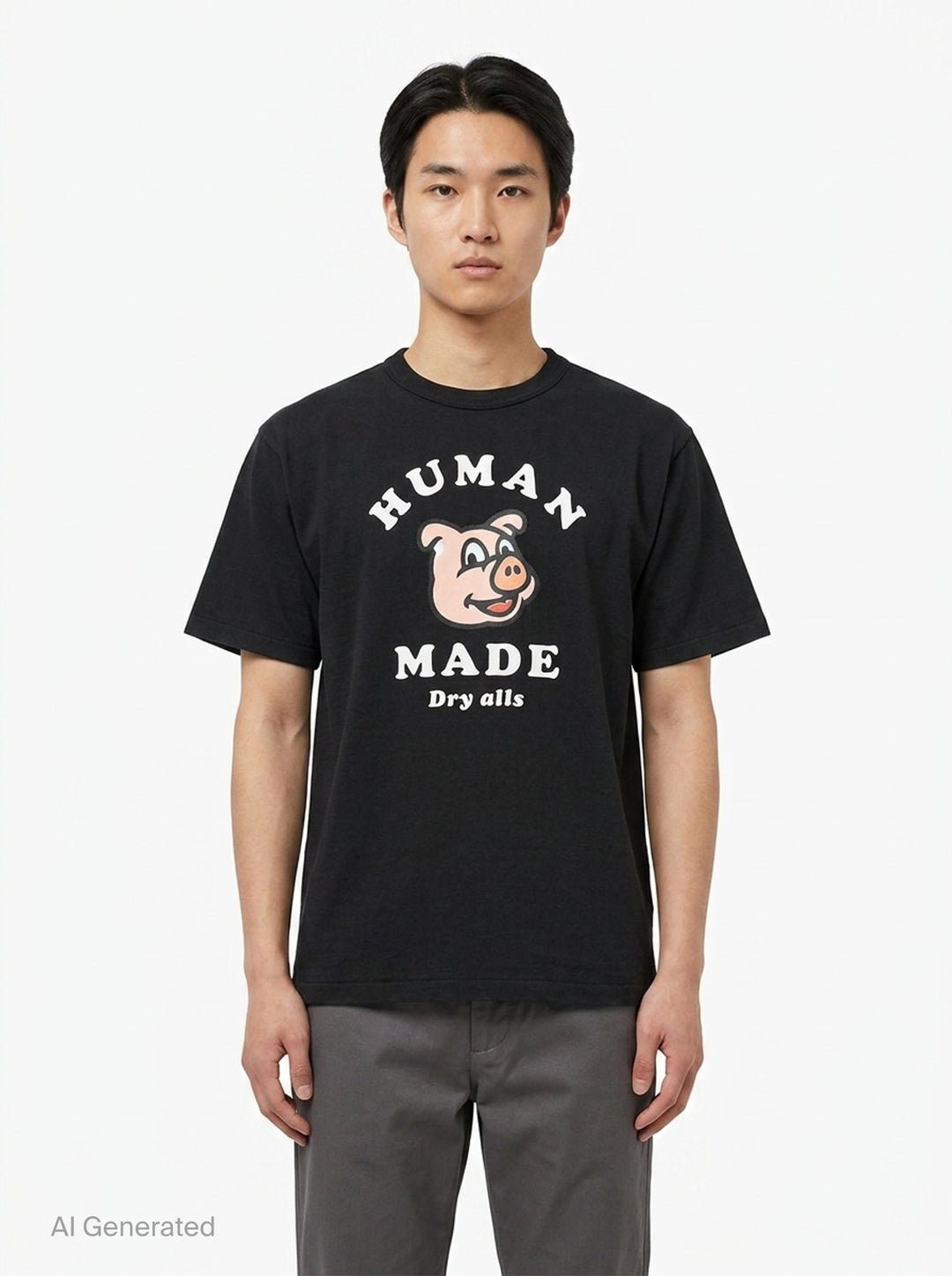 Human Made black short sleeve crew neck tee with smiling pig mascot graphic and arched 'Human Made Dry Alls' slogan print on the chest - front