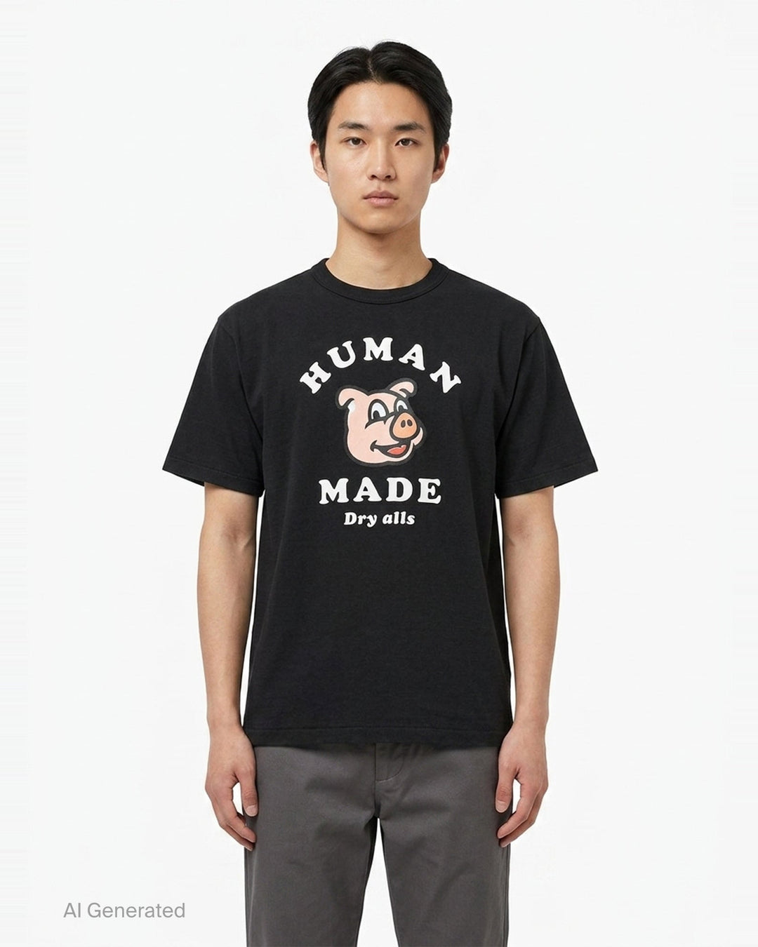 Human Made black short sleeve crew neck tee with smiling pig mascot graphic and arched 'Human Made Dry Alls' slogan print on the chest - front