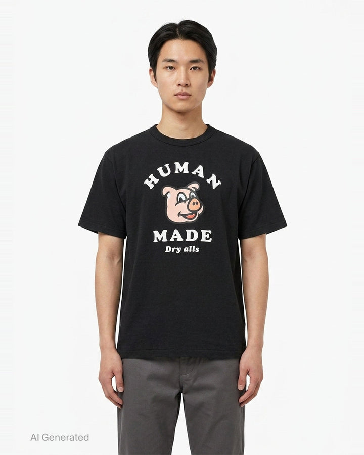 Human Made black short sleeve crew neck tee with smiling pig mascot graphic and arched 'Human Made Dry Alls' slogan print on the chest - front
