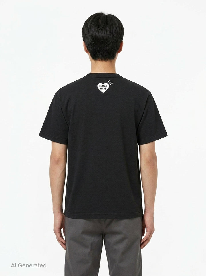 Human Made black short sleeve crew neck tee with smiling pig mascot graphic and arched 'Human Made Dry Alls' slogan print on the chest - back