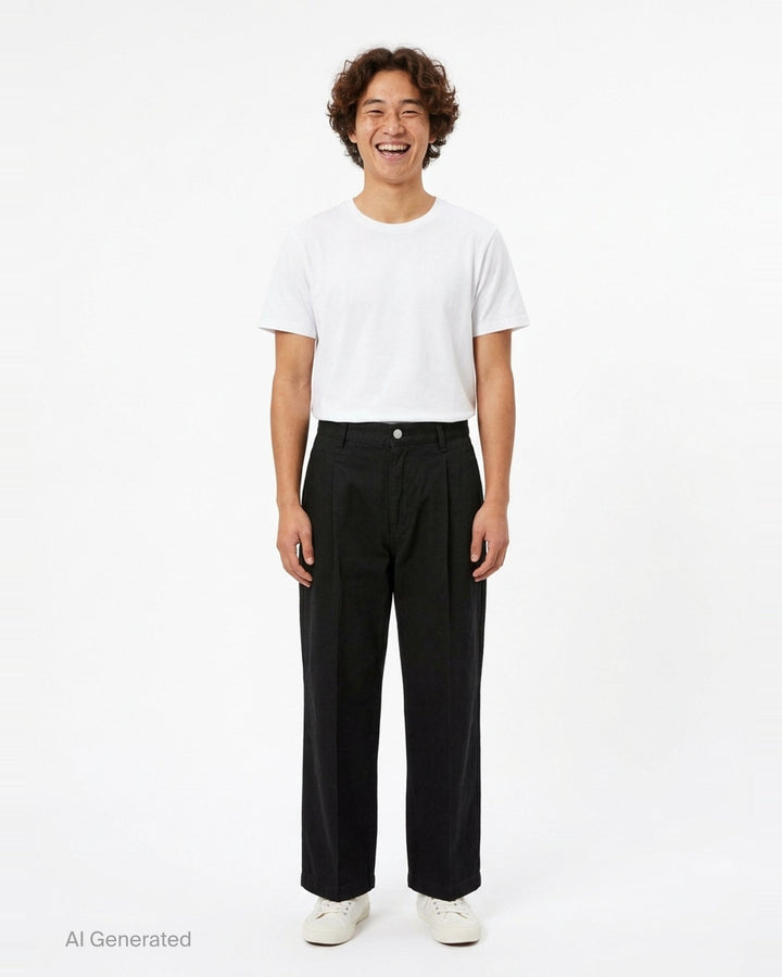 Human Made Skater Wide Leg Pants in black, featuring a high-rise waistband, double front pleats, and a relaxed wide-leg silhouette with stitched crease detail - front