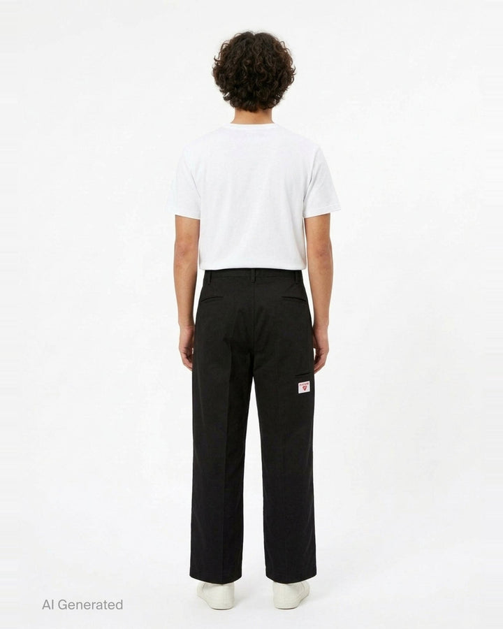 Human Made Skater Wide Leg Pants in black, featuring a high-rise waistband, double front pleats, and a relaxed wide-leg silhouette with stitched crease detail - back