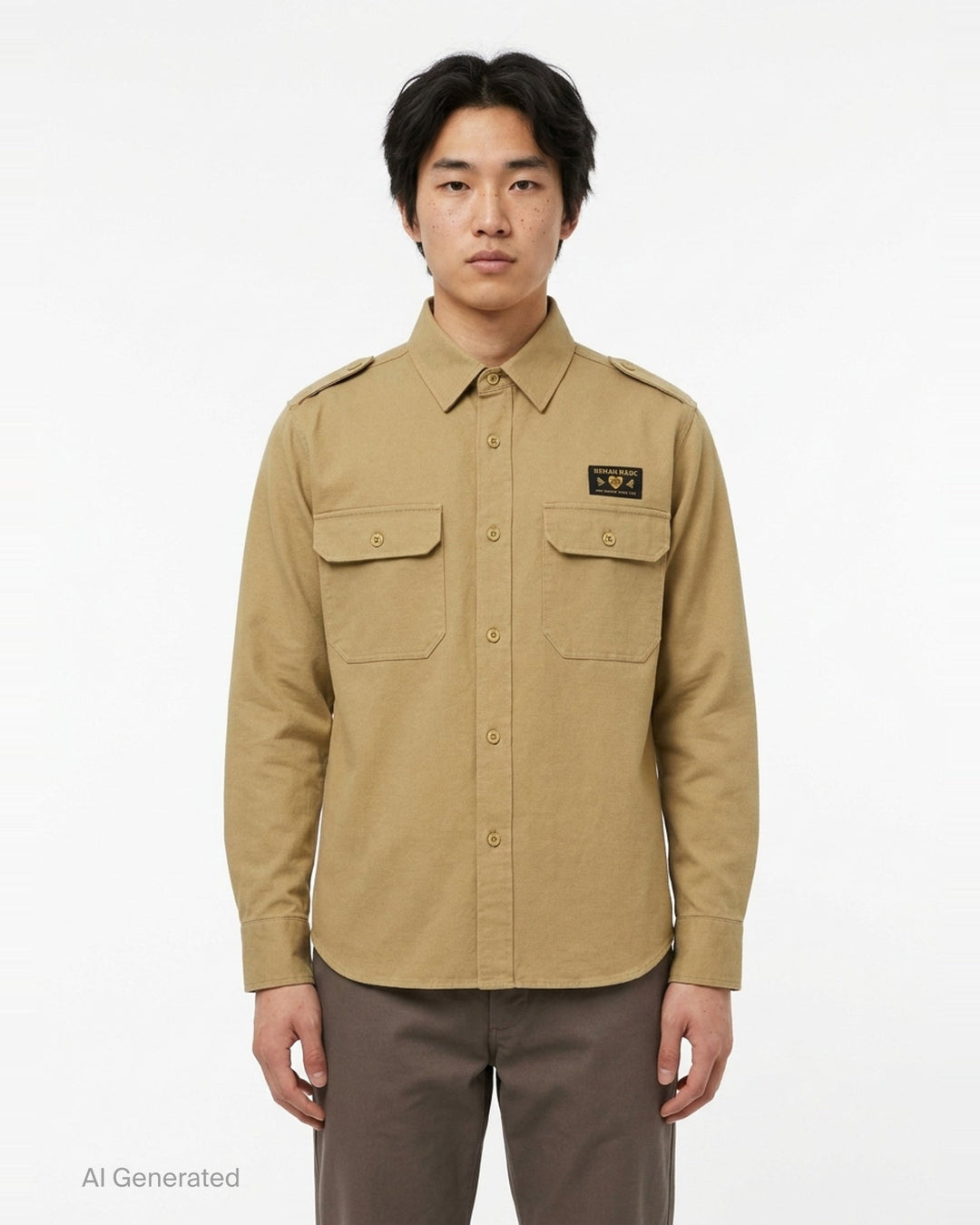 Human Made Twill Epaulette Long Sleeve Shirt in khaki cotton twill, featuring epaulette shoulders, twin flap chest pockets, button-down front placket, and a woven Human Made branding patch on the chest - front