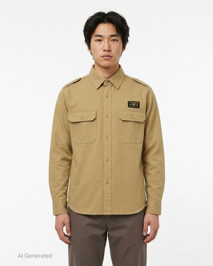 Human Made Twill Epaulette Long Sleeve Shirt in khaki cotton twill, featuring epaulette shoulders, twin flap chest pockets, button-down front placket, and a woven Human Made branding patch on the chest - front