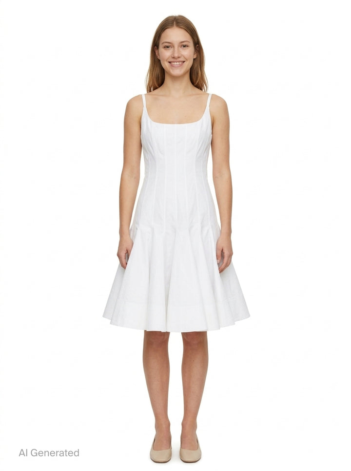Jacquemus Agave Mini Woven Dress in white, featuring a fitted corset bodice with shaped seaming, wide shoulder straps, and a dramatically flared pleated skirt - front
