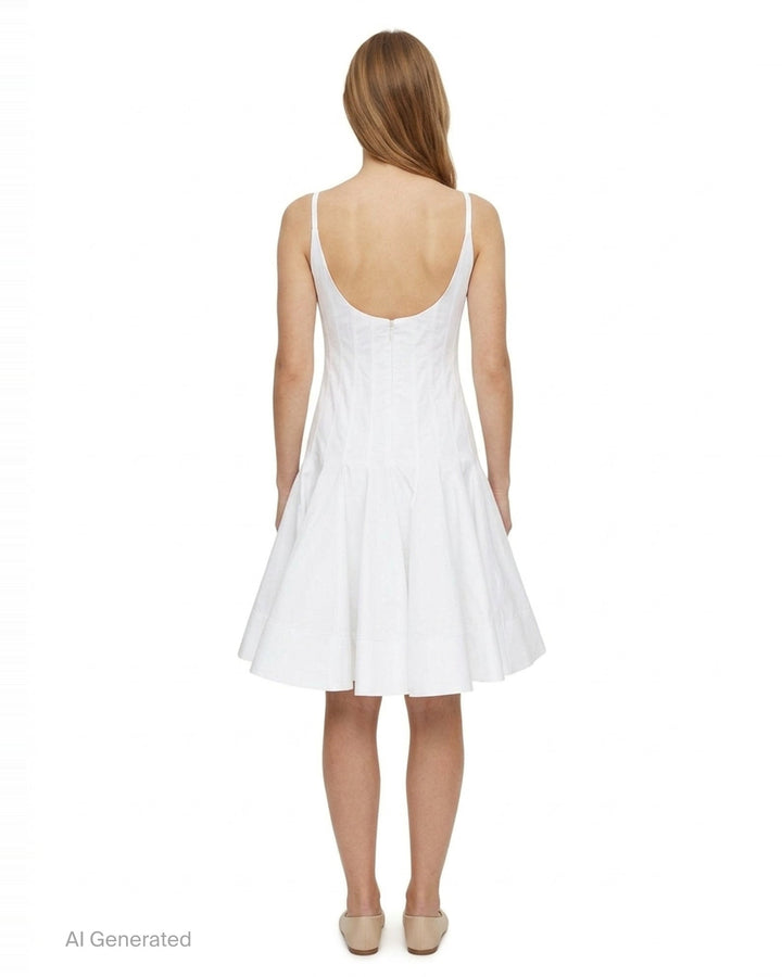 Jacquemus Agave Mini Woven Dress in white, featuring a fitted corset bodice with shaped seaming, wide shoulder straps, and a dramatically flared pleated skirt - back