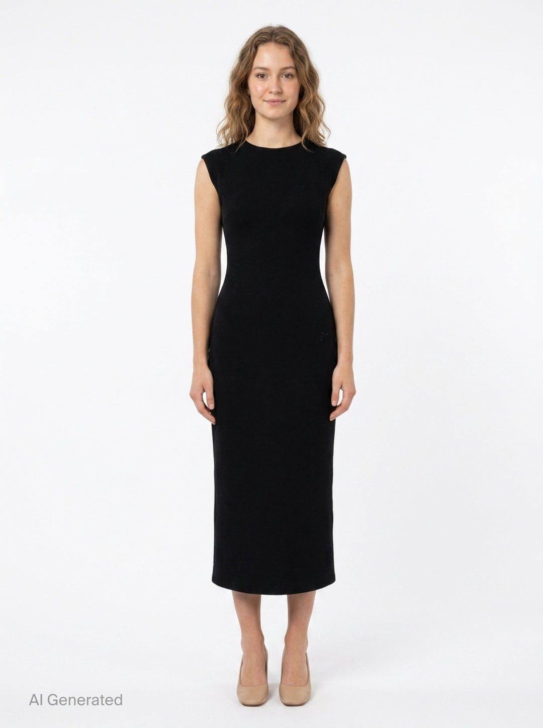 Jacquemus Alba sleeveless black woven midi dress with round neckline, structured shoulders, and body-skimming silhouette, shown from the front against a white background - front