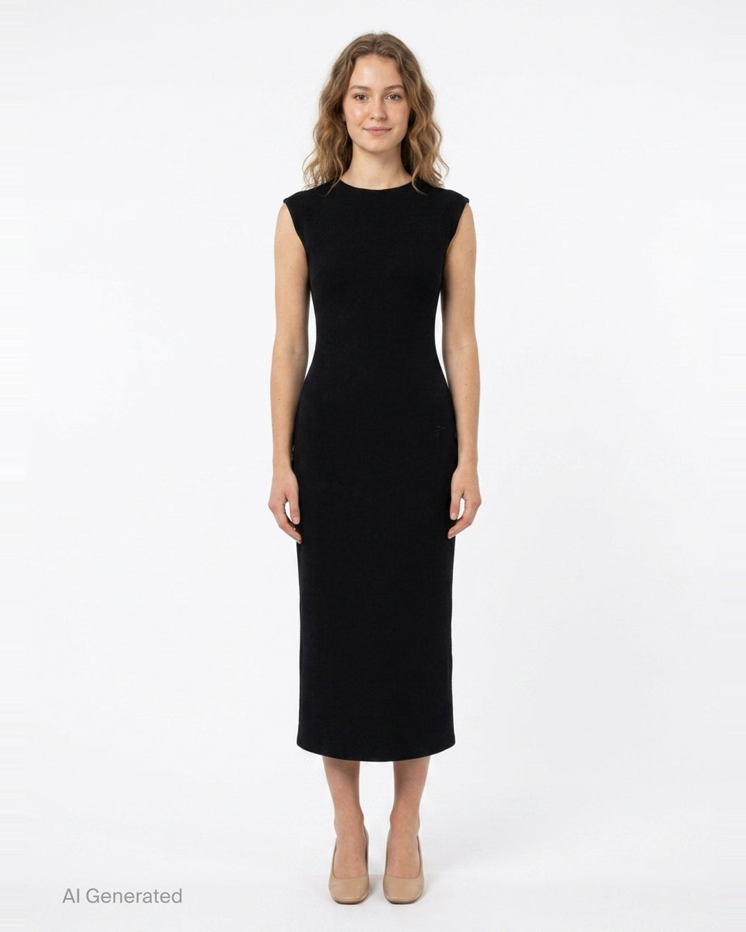 Jacquemus Alba sleeveless black woven midi dress with round neckline, structured shoulders, and body-skimming silhouette, shown from the front against a white background - front