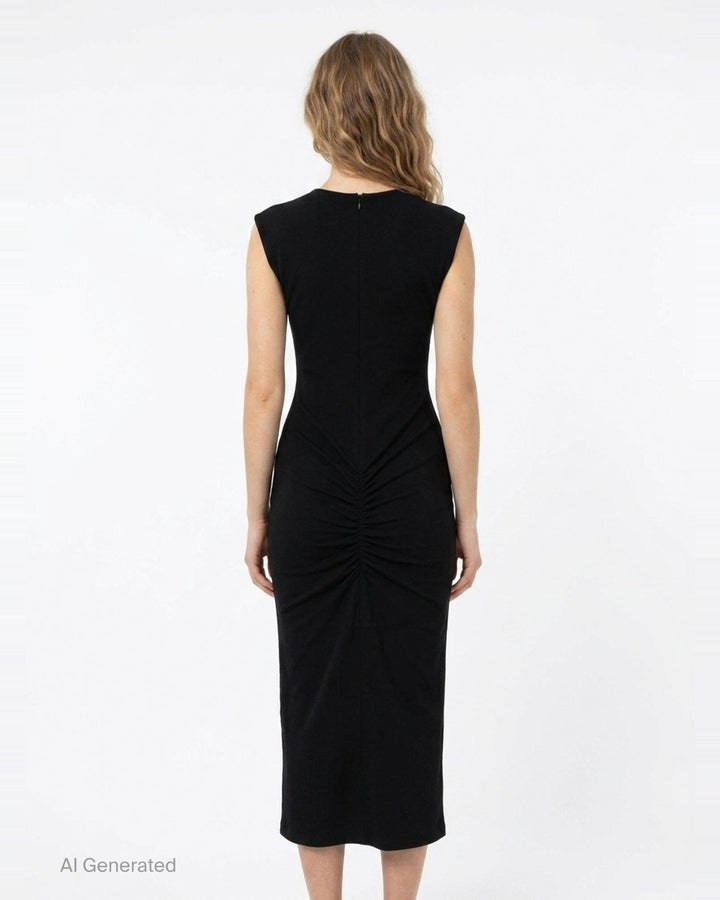 Jacquemus Alba sleeveless black woven midi dress with round neckline, structured shoulders, and body-skimming silhouette, shown from the front against a white background - back