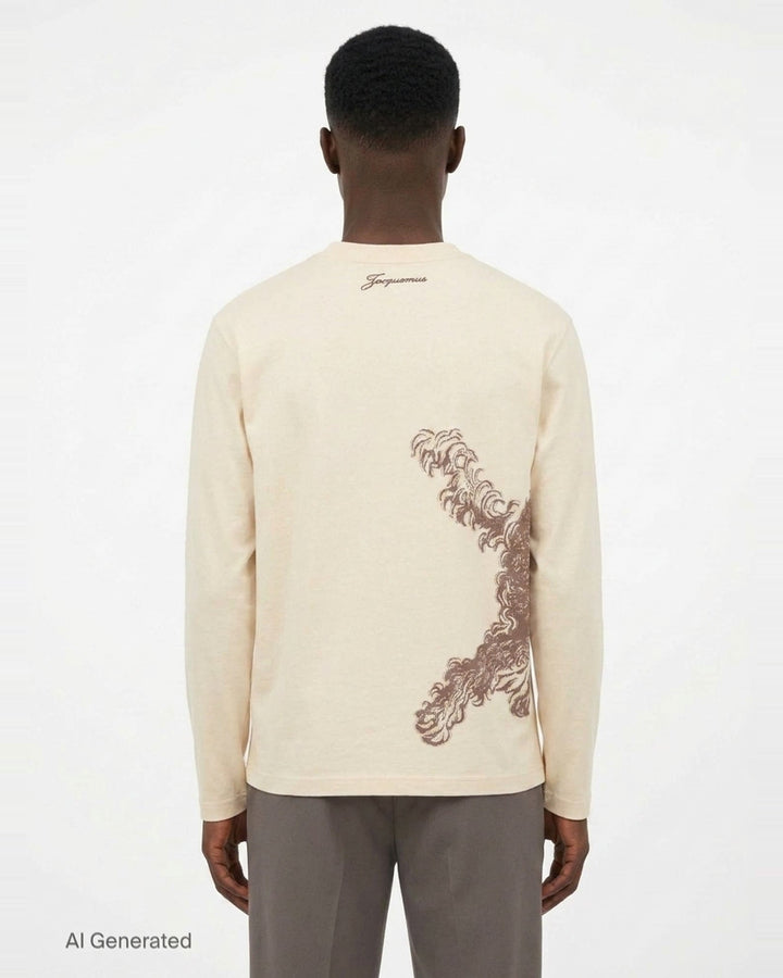 Jacquemus Le T-Shirt Bichon in ecru — long-sleeve crew-neck tee featuring a tonal brown hand-drawn curly dog illustration with a varsity number bib and cursive Jacquemus script across the front - back