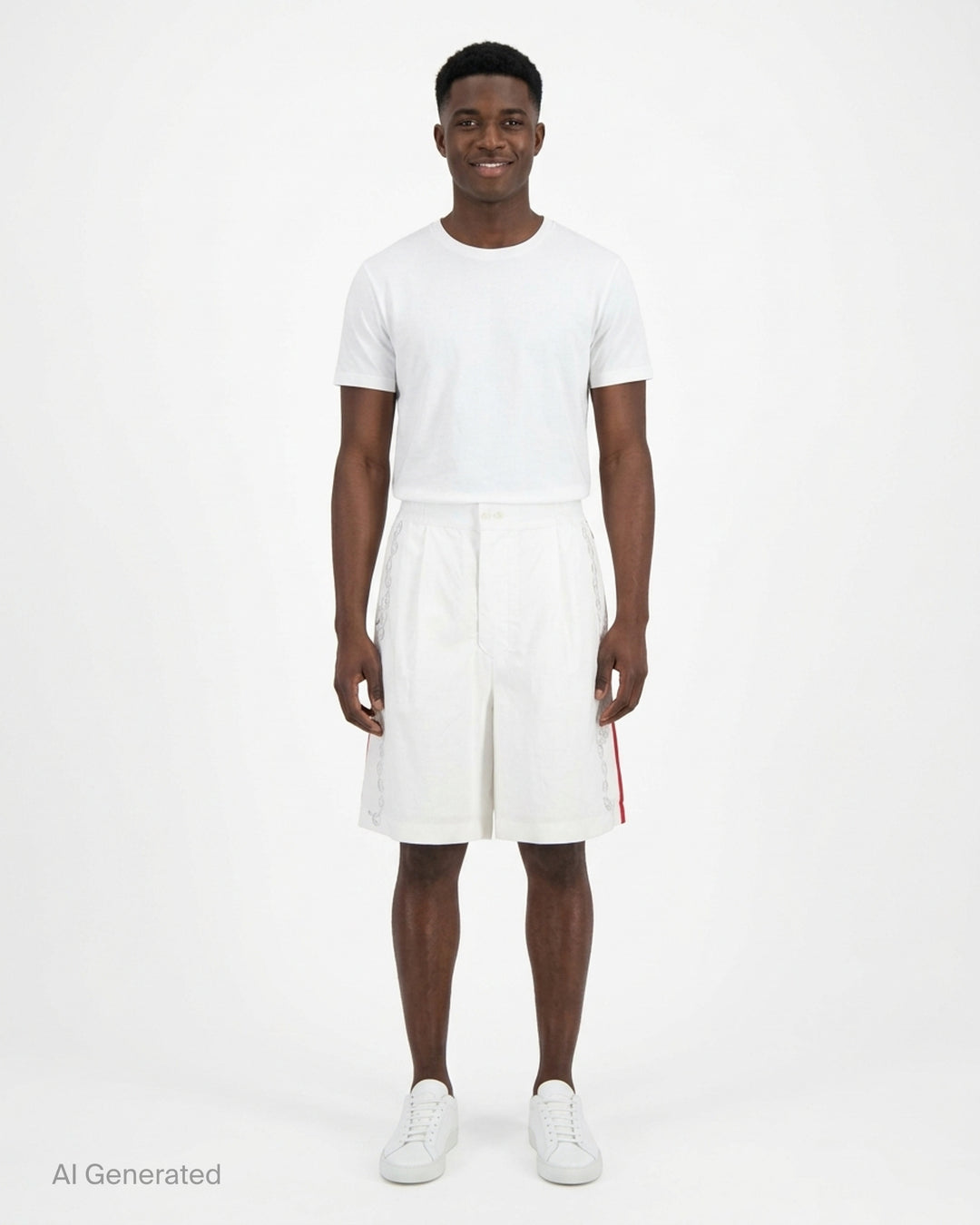 Jacquemus white pyjama shorts with sketched chain print down the legs, elasticated waistband and contrast red side stripe - front