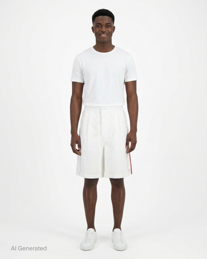 Jacquemus white pyjama shorts with sketched chain print down the legs, elasticated waistband and contrast red side stripe - front