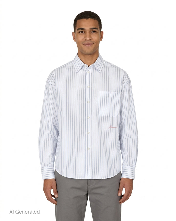Jacquemus Cuadro long sleeve shirt in white with blue pinstripes, chest pocket and pink script logo embroidery - front