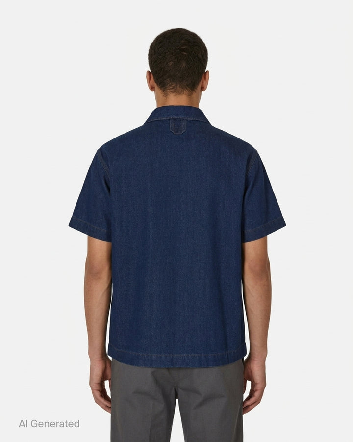 Jacquemus Denim Pyjama Shirt in dark indigo with camp collar, short sleeves, button front and embroidered chest pocket - back