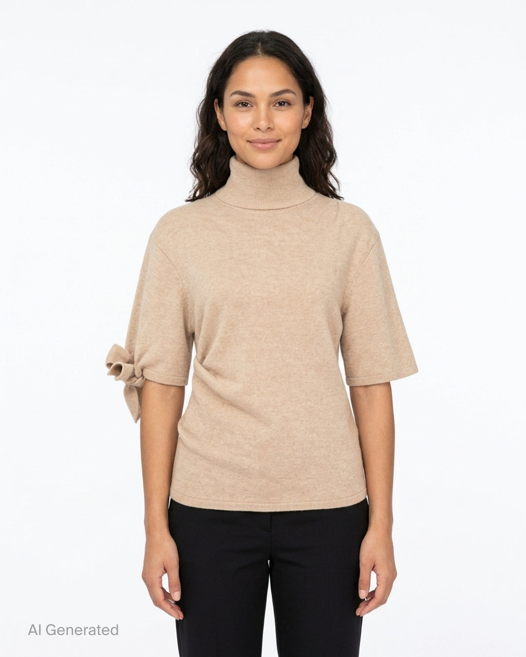 Jacquemus Fiocco beige knit turtleneck top with short sleeves, a tied bow at the sleeve and gathered waist detail - front