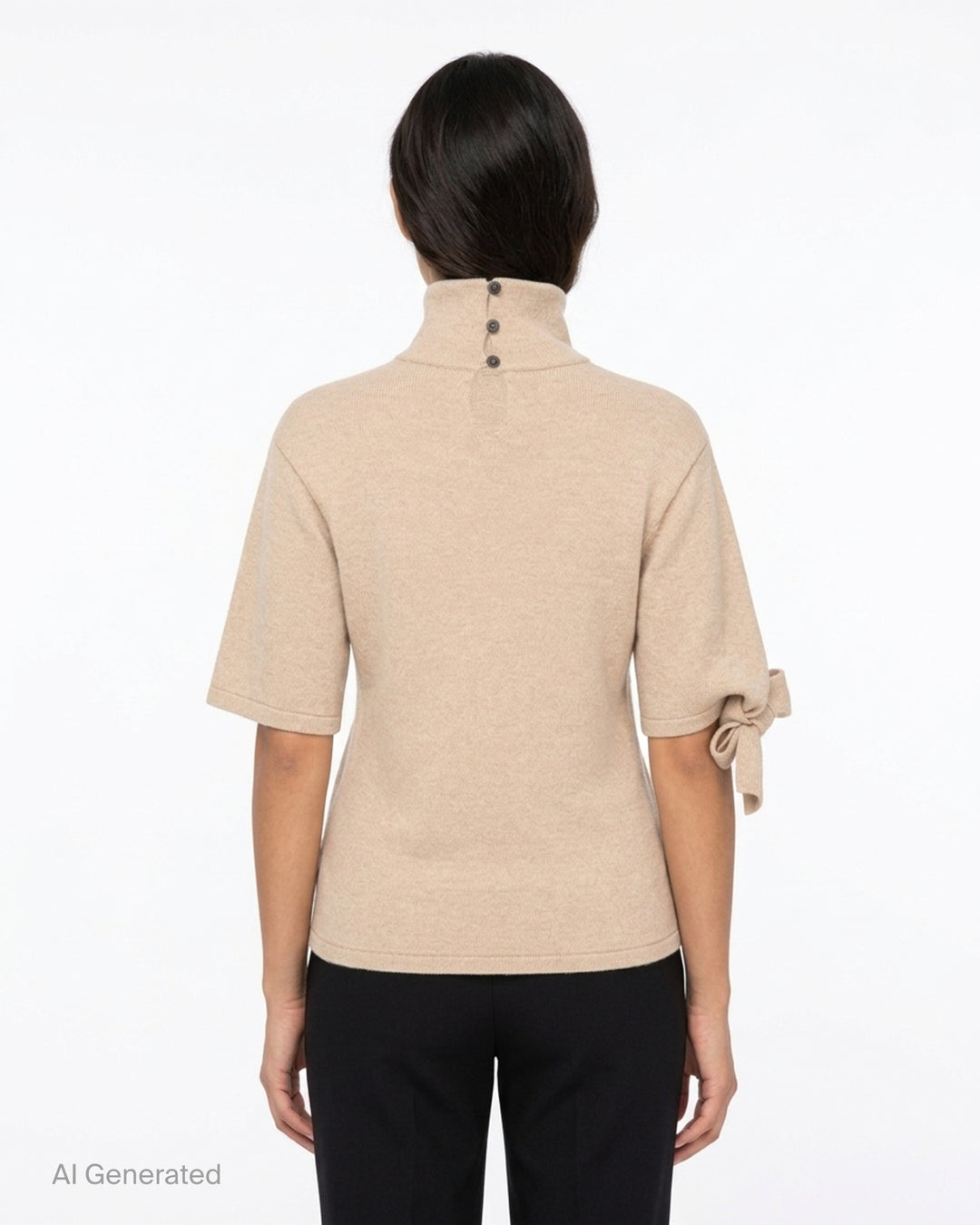 Jacquemus Fiocco beige knit turtleneck top with short sleeves, a tied bow at the sleeve and gathered waist detail - back