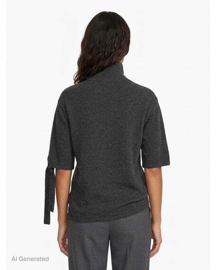 Jacquemus Fiocco beige knit turtleneck top with short sleeves, a tied bow at the sleeve and gathered waist detail - back