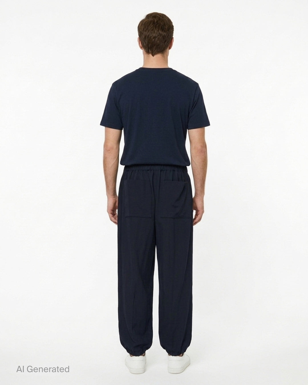 Jacquemus Gio midnight navy trousers with elasticated waistband and gathered hems, shown from the front - back