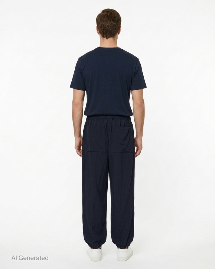 Jacquemus Gio midnight navy trousers with elasticated waistband and gathered hems, shown from the front - back