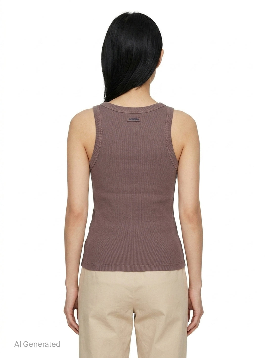Jacquemus gros grain ribbed jersey tank top in mauve, featuring a deep scoop neckline, structured straps, and a woven brand label at the back neck - back