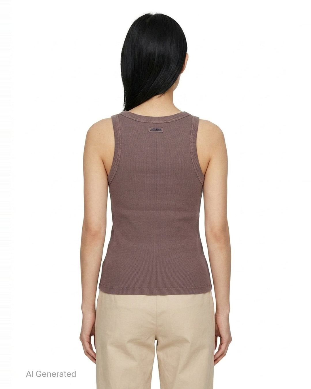 Jacquemus gros grain ribbed jersey tank top in mauve, featuring a deep scoop neckline, structured straps, and a woven brand label at the back neck - back