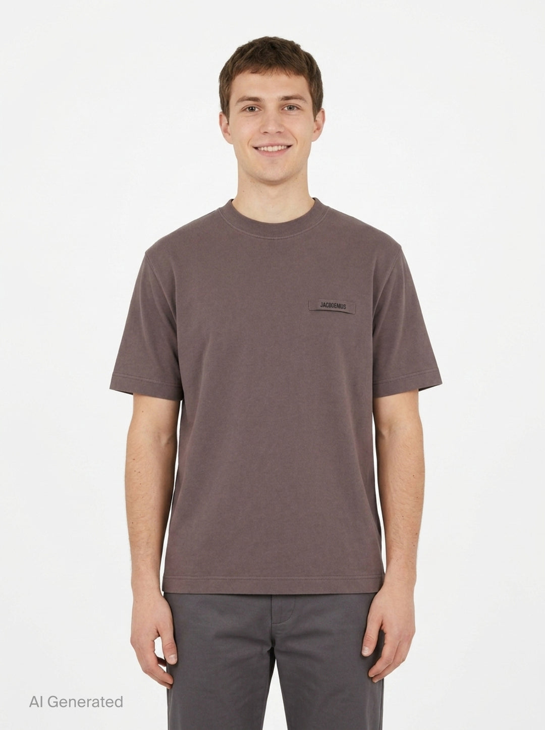 Jacquemus Le T-shirt Gros Grain in pale yellow, featuring a relaxed fit, crew neck, short sleeves, and a woven Jacquemus grosgrain logo tab on the chest - front