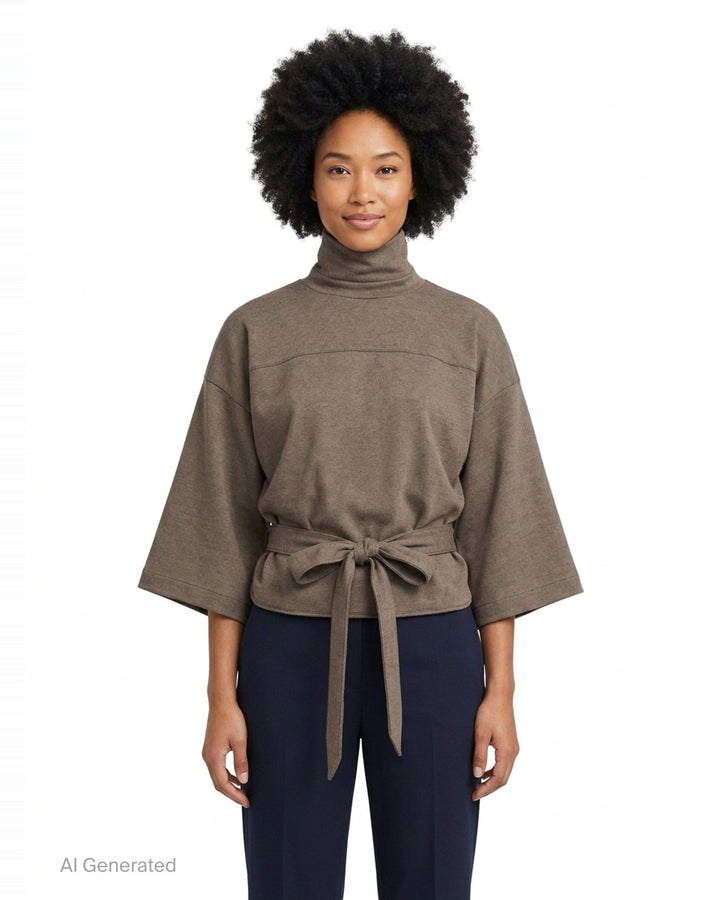 Jacquemus Havana Woven Belted Top in taupe, featuring a high turtleneck collar, wide elbow-length sleeves, and a long self-tie fabric belt at the gathered hem, displayed flat on a white background - front