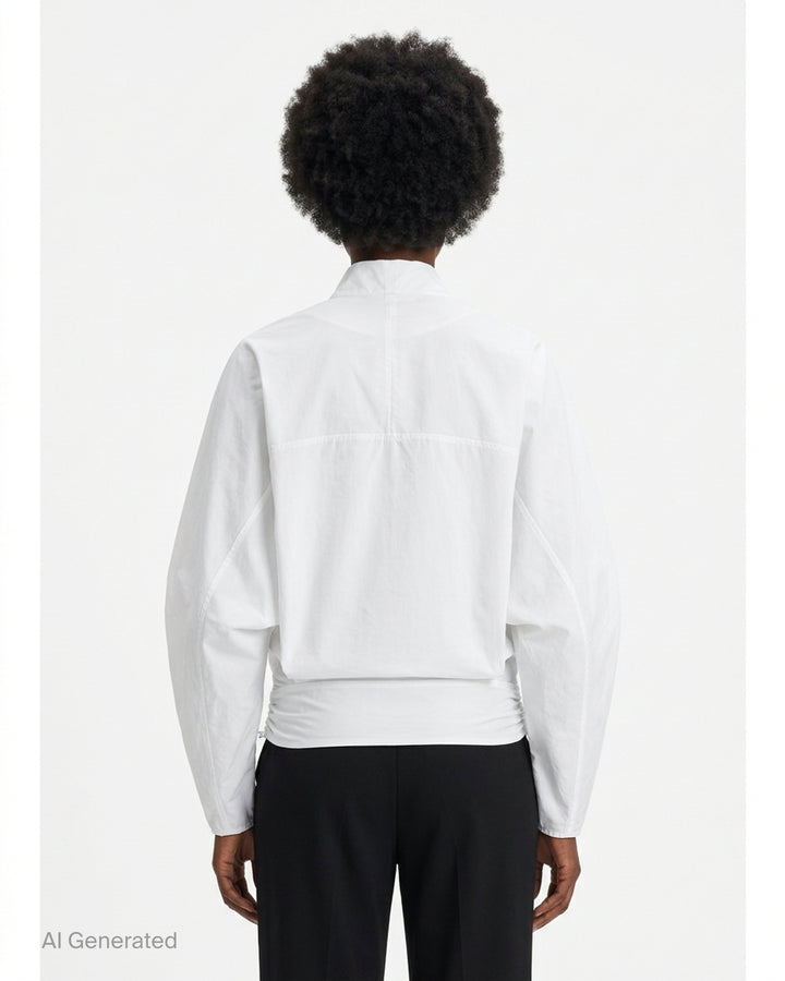 Jacquemus La Blouse Colombe white woven blouse with plunging V-neckline, voluminous sleeves and ruched waist - back