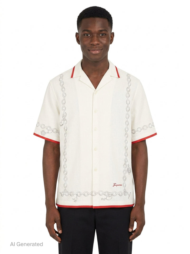 Jacquemus La Chemise Cocktail short sleeve shirt in white with an all-over monochrome hand-drawn still-life sketch print featuring shells, fish, fruit, and ribbon motifs, camp collar, and button-through front fastening - front