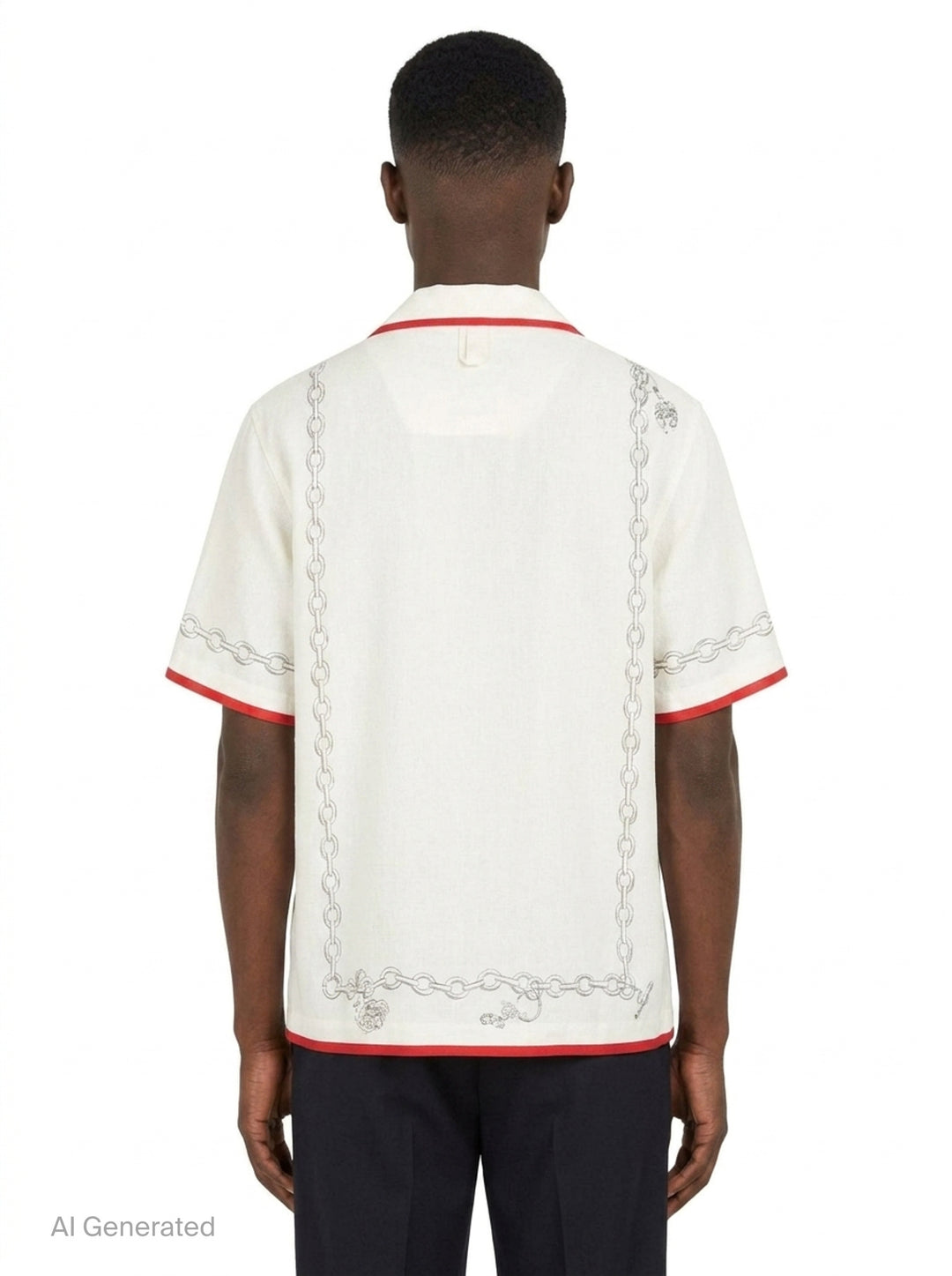 Jacquemus La Chemise Cocktail short sleeve shirt in white with an all-over monochrome hand-drawn still-life sketch print featuring shells, fish, fruit, and ribbon motifs, camp collar, and button-through front fastening - back