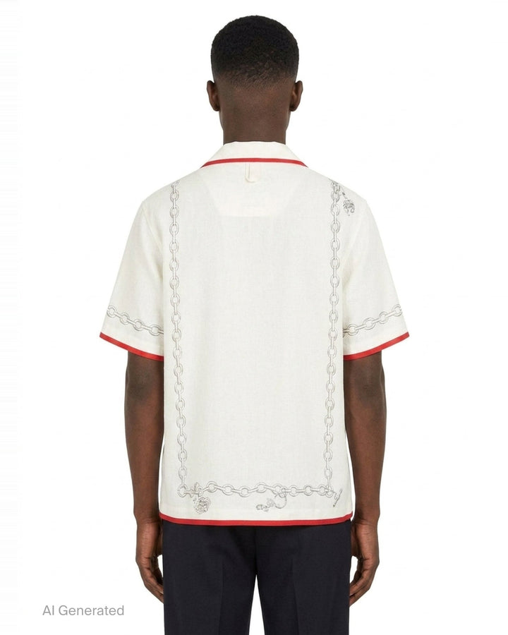 Jacquemus La Chemise Cocktail short sleeve shirt in white with an all-over monochrome hand-drawn still-life sketch print featuring shells, fish, fruit, and ribbon motifs, camp collar, and button-through front fastening - back