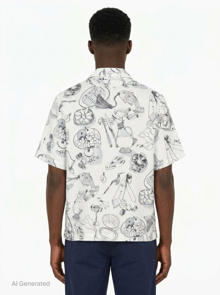 Jacquemus La Chemise Cocktail short sleeve shirt in white with an all-over monochrome hand-drawn still-life sketch print featuring shells, fish, fruit, and ribbon motifs, camp collar, and button-through front fastening - back