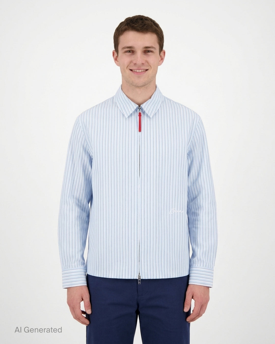 Jacquemus La Chemise Flash light blue and white striped zip-front shirt with red leather zip pull and pointed collar - front