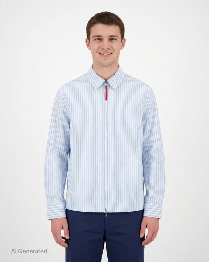 Jacquemus La Chemise Flash light blue and white striped zip-front shirt with red leather zip pull and pointed collar - front