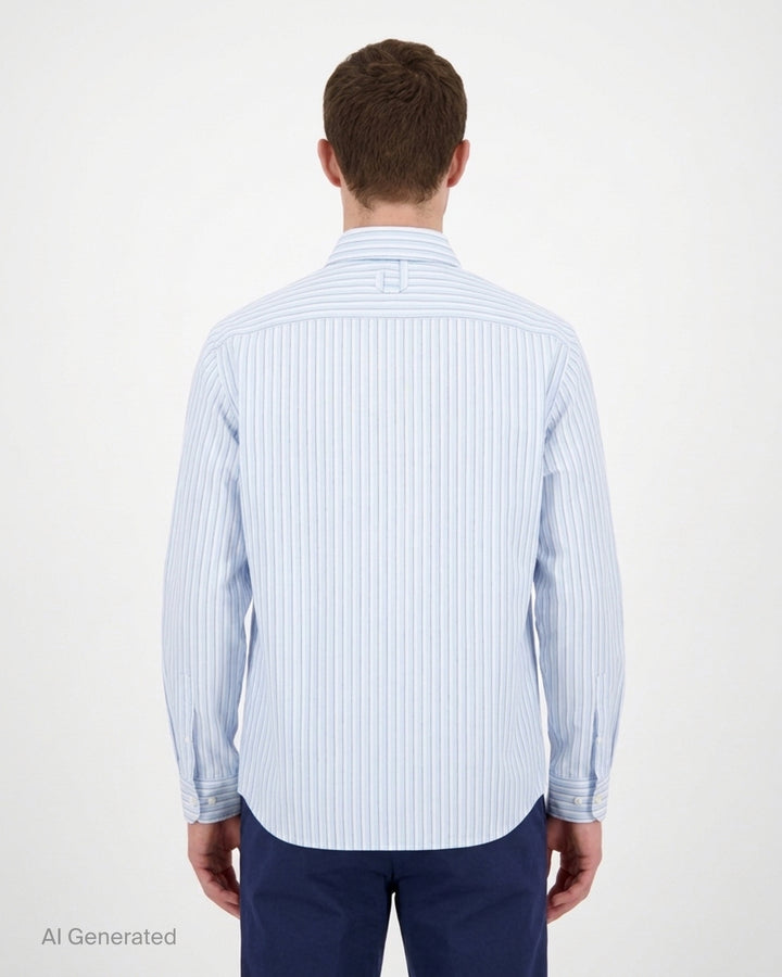 Jacquemus La Chemise Flash light blue and white striped zip-front shirt with red leather zip pull and pointed collar - back
