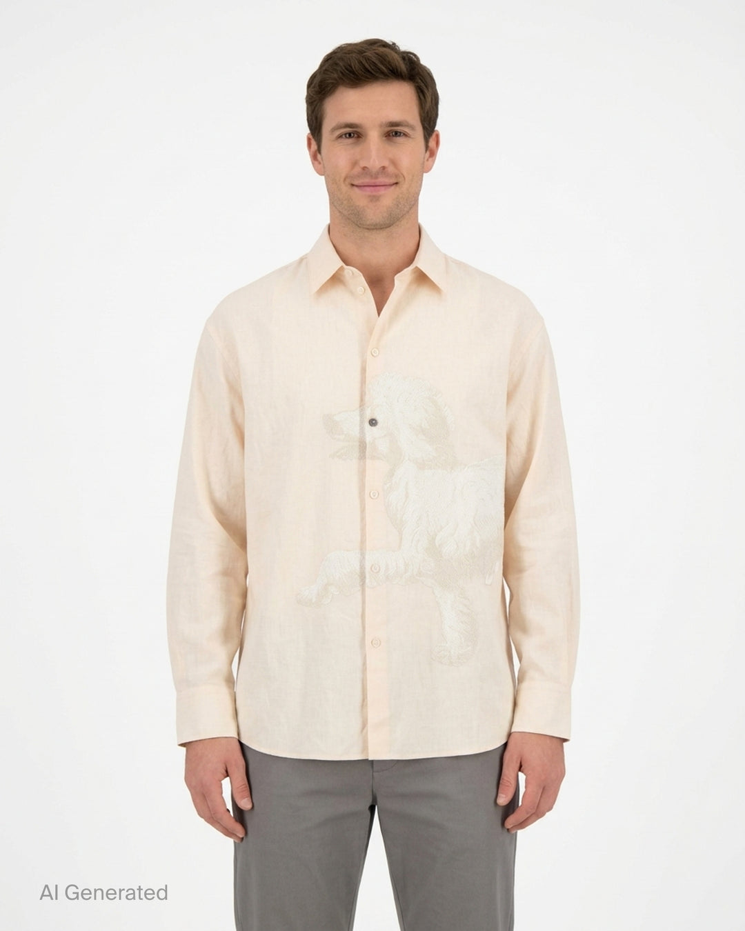 Jacquemus La Chemise Pisco long sleeve cream shirt with tonal poodle print across the front and button placket - front