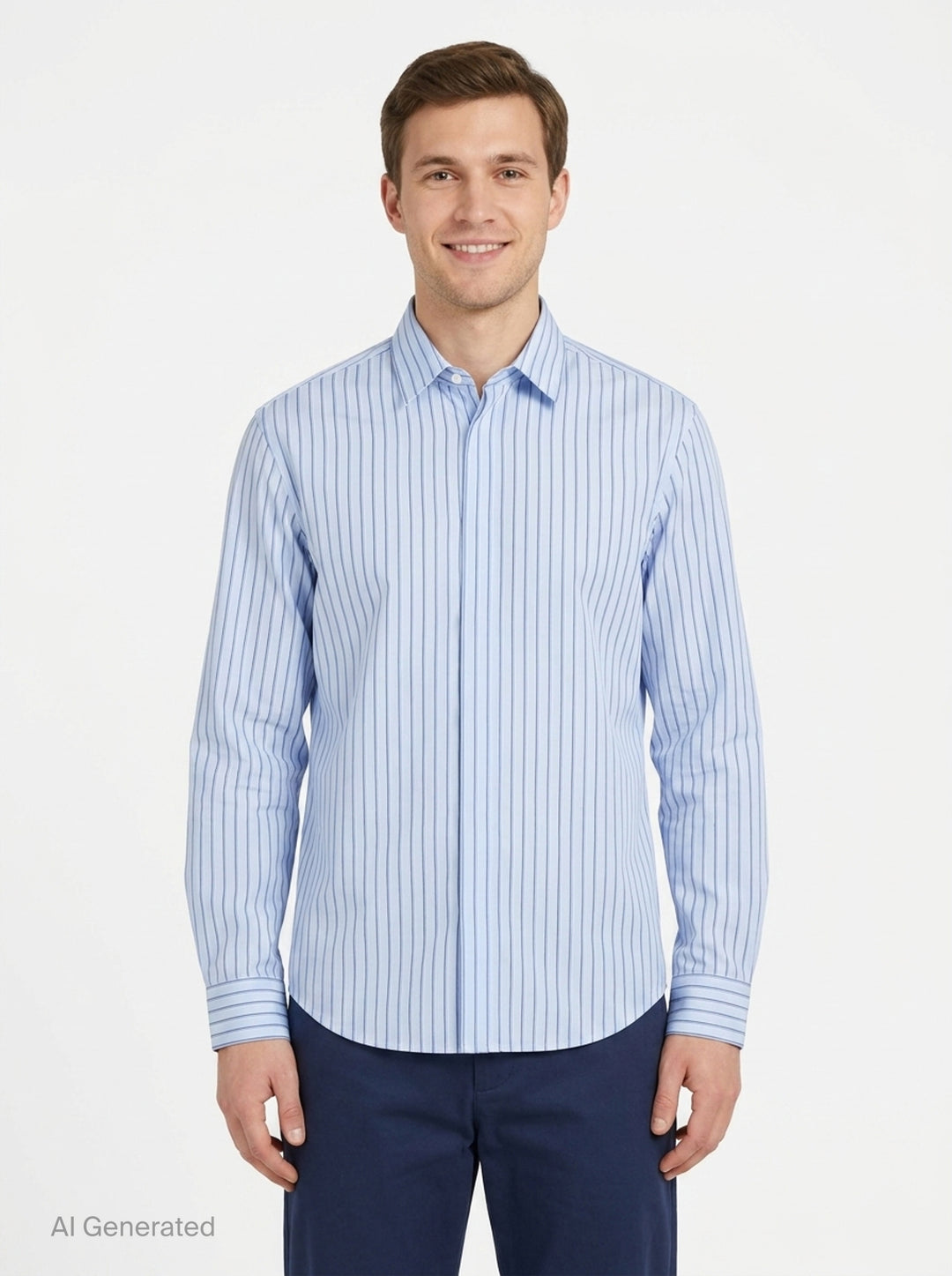 Jacquemus La Chemise Simon long sleeve shirt in light blue with navy vertical pinstripes, featuring a classic point collar and double-button barrel cuffs - front