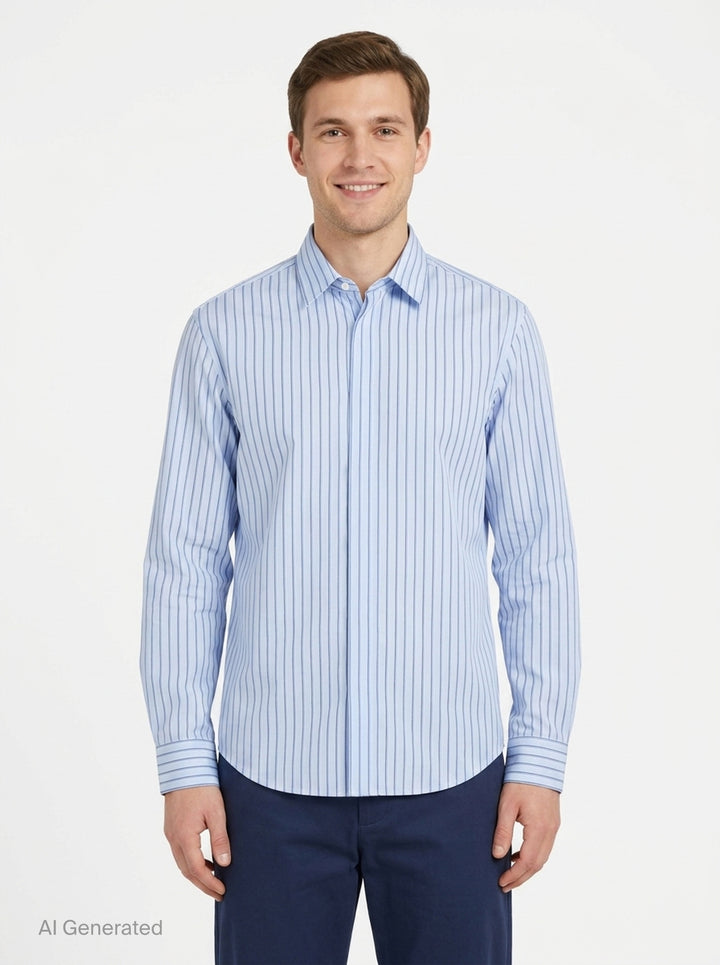 Jacquemus La Chemise Simon long sleeve shirt in light blue with navy vertical pinstripes, featuring a classic point collar and double-button barrel cuffs - front