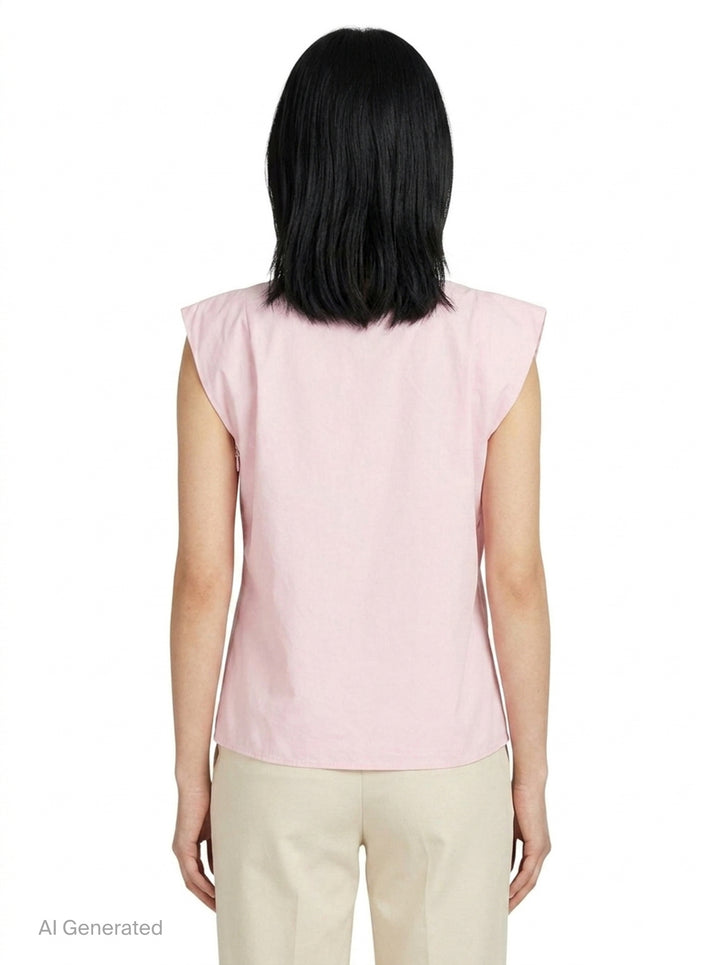 Jacquemus La Haut Drap sleeveless woven top in pale pink with structured shoulder seams, side zip detail, and navy brand label at the neckline - back