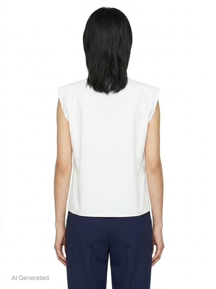 Jacquemus La Haut Drap sleeveless woven top in pale pink with structured shoulder seams, side zip detail, and navy brand label at the neckline - back