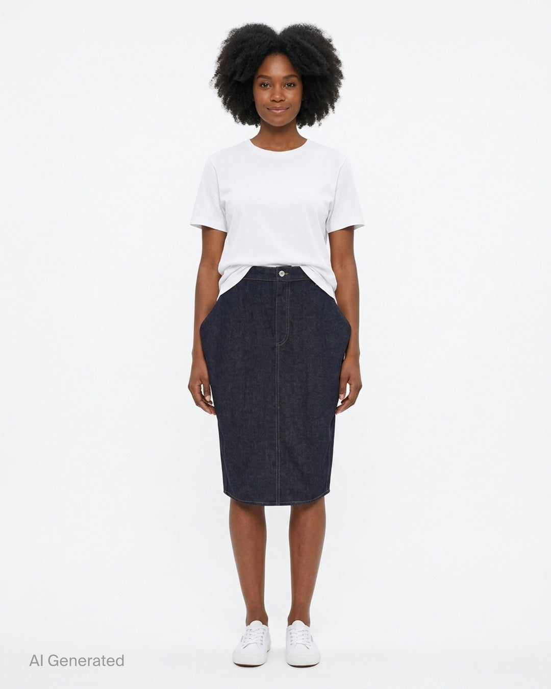 Jacquemus La Jupe Cubisto dark indigo denim midi skirt with sculpted curved silhouette, contrast topstitching and button fly - front