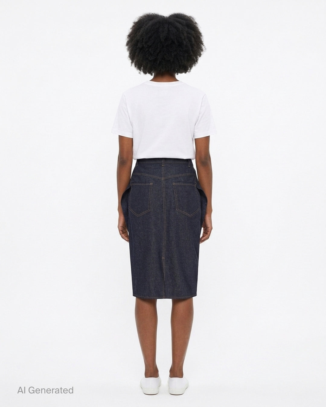 Jacquemus La Jupe Cubisto dark indigo denim midi skirt with sculpted curved silhouette, contrast topstitching and button fly - back