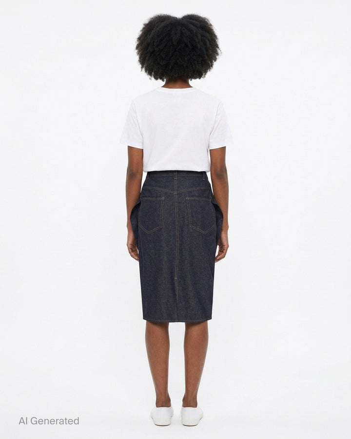 Jacquemus La Jupe Cubisto dark indigo denim midi skirt with sculpted curved silhouette, contrast topstitching and button fly - back
